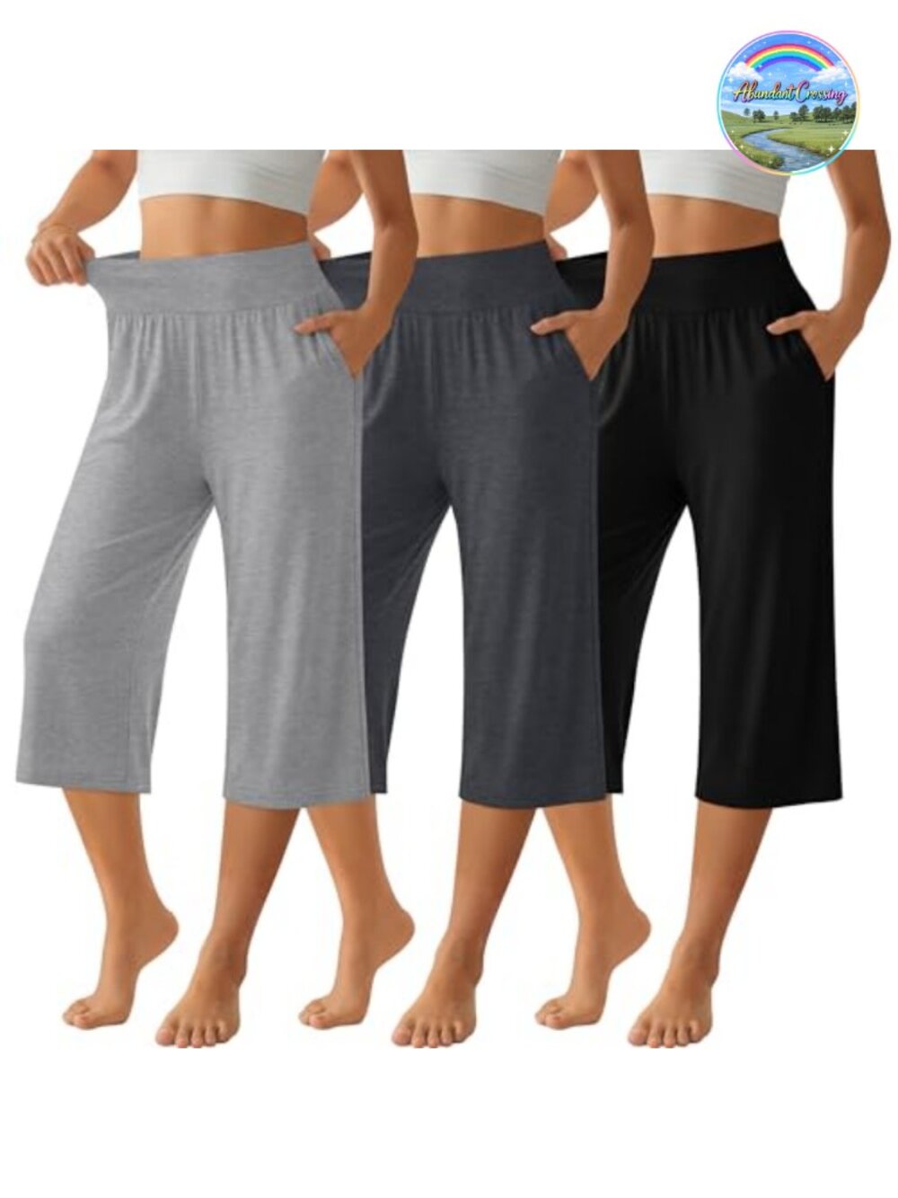 3 Pack Women's Capri Pants with Pockets High Waist Wide Leg Yoga Lounge Cropped